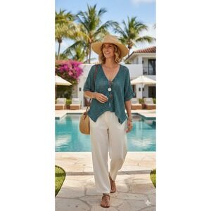 Kaktus Womens Teal Blue Open Knit Cardigan Large Boho Beachy Lagenlook Artsy